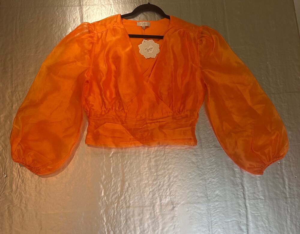 Indulge Inside XL Orange Sheer Surplice Blouse Puff Sleeve Ruched Waist